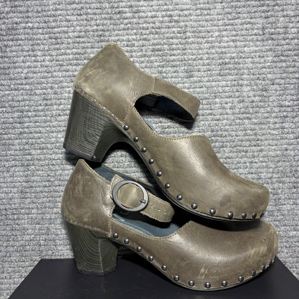 Dansko Neci Olive Green Leather Mary Jane Clog Heels Studded Size 38 - Picture 2 of 10